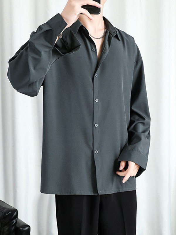 Camisa drapeada de manga larga con botones para hombre-1