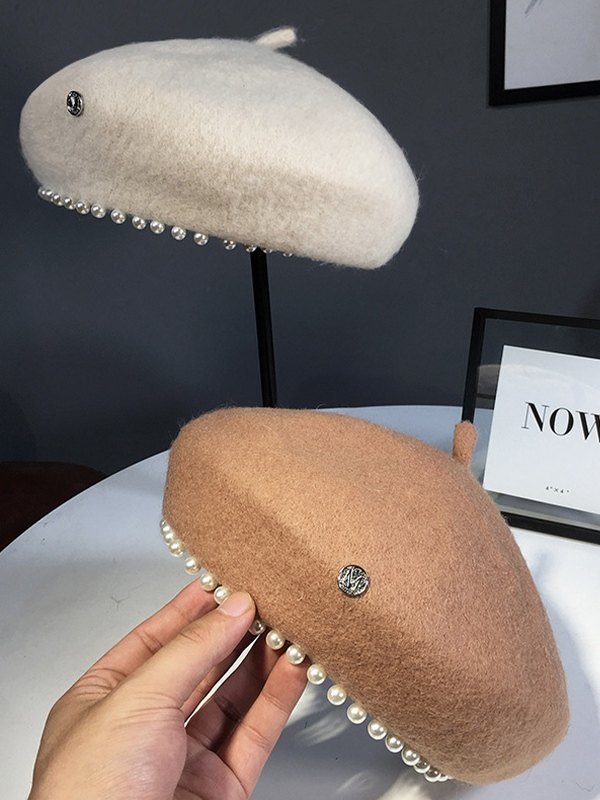 Boina de mezcla de lana adornada con perlas de imitación-1