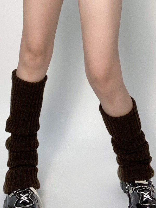 Calentador de piernas de punto acanalado de color sólido cálido-3